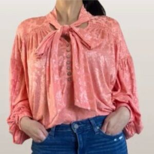 NWT Free People Lucca Tie Neck Jacquard Blouse in coral orange medium